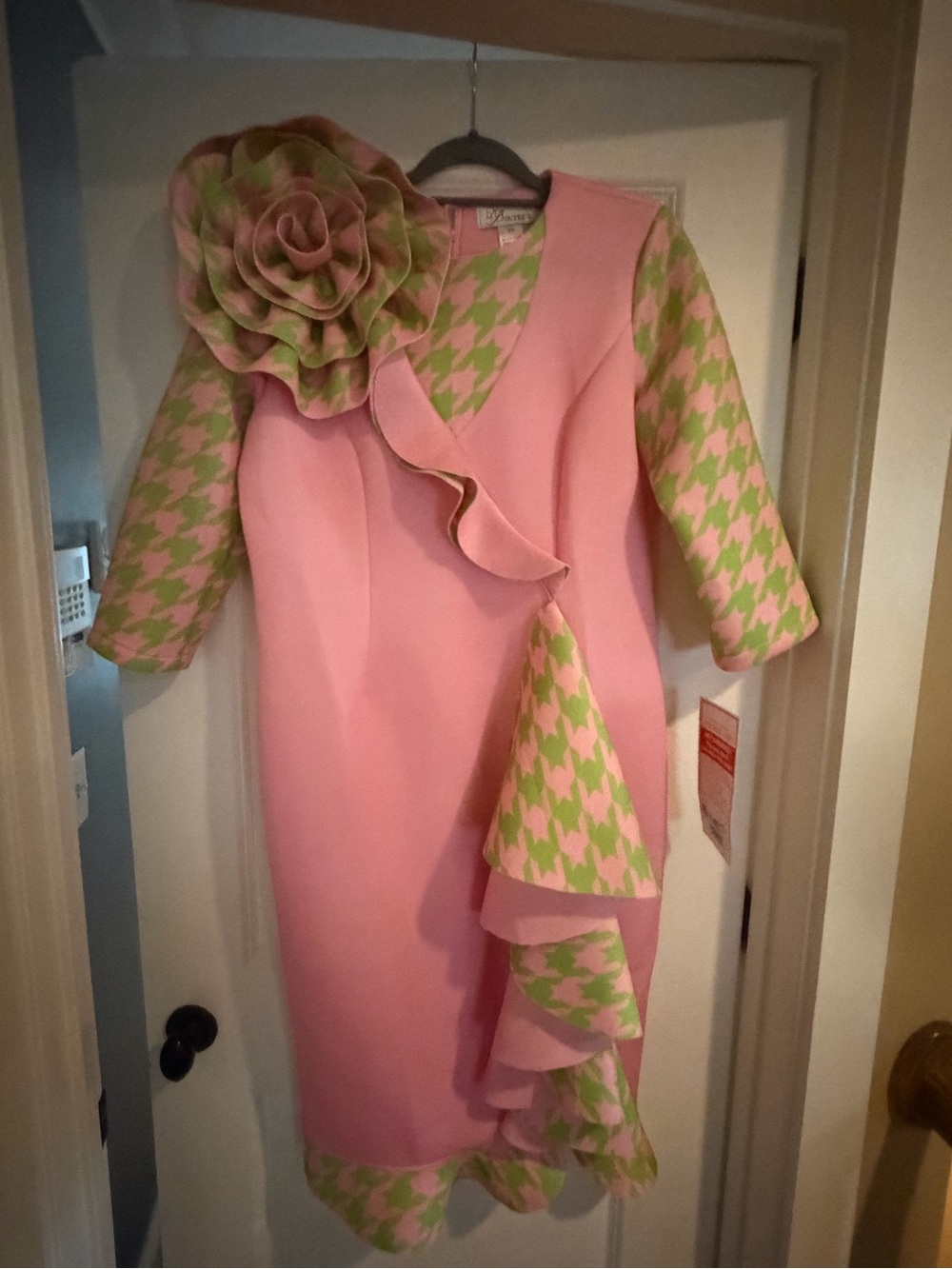 Pink & Green Houndstooth Floral Accent Dress- new with tags